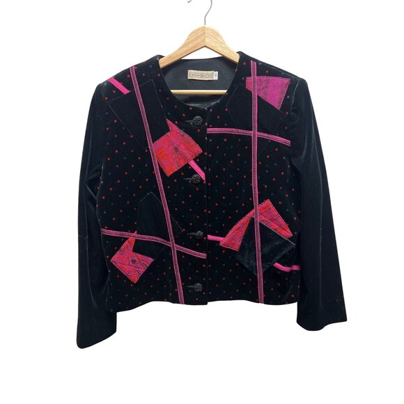 Canvasbacks Vintage 90's Abstract Pink and Black Velvet Blazer Jacket - Picture 2 of 7
